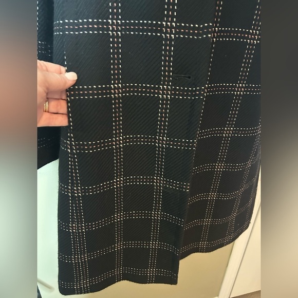 Ann Taylor LOFT Black Long Wool Peacoat White Pink Checkered Stitching Sz 6 - Picture 4 of 10